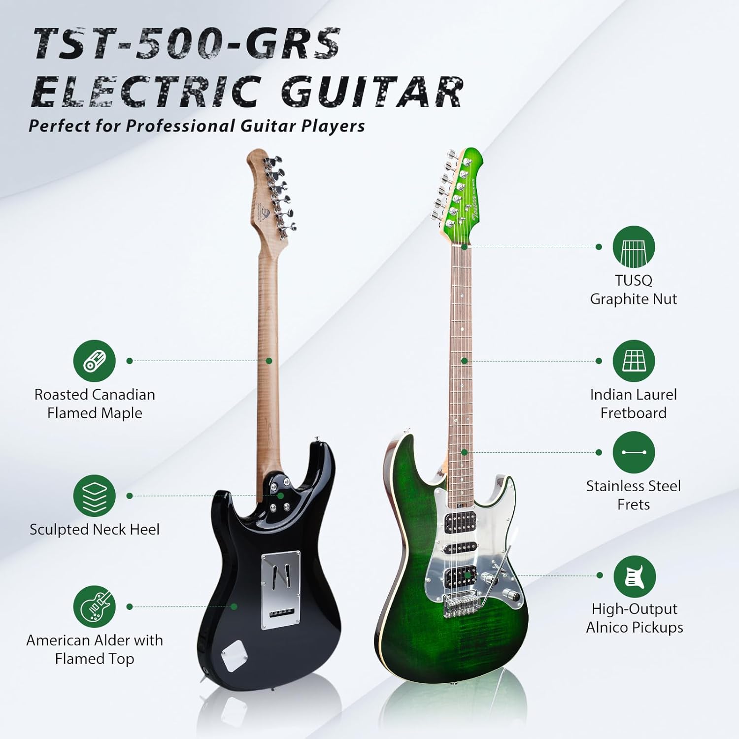 TOSTAR Electric Guitar with HSH Alnico 5 Pickups, Locking Tuners, Push-Pull Coil Split, Enhanced Sustain, Solid Body Electric Guitars for Advanced Players, Guitarra Electrica, Green