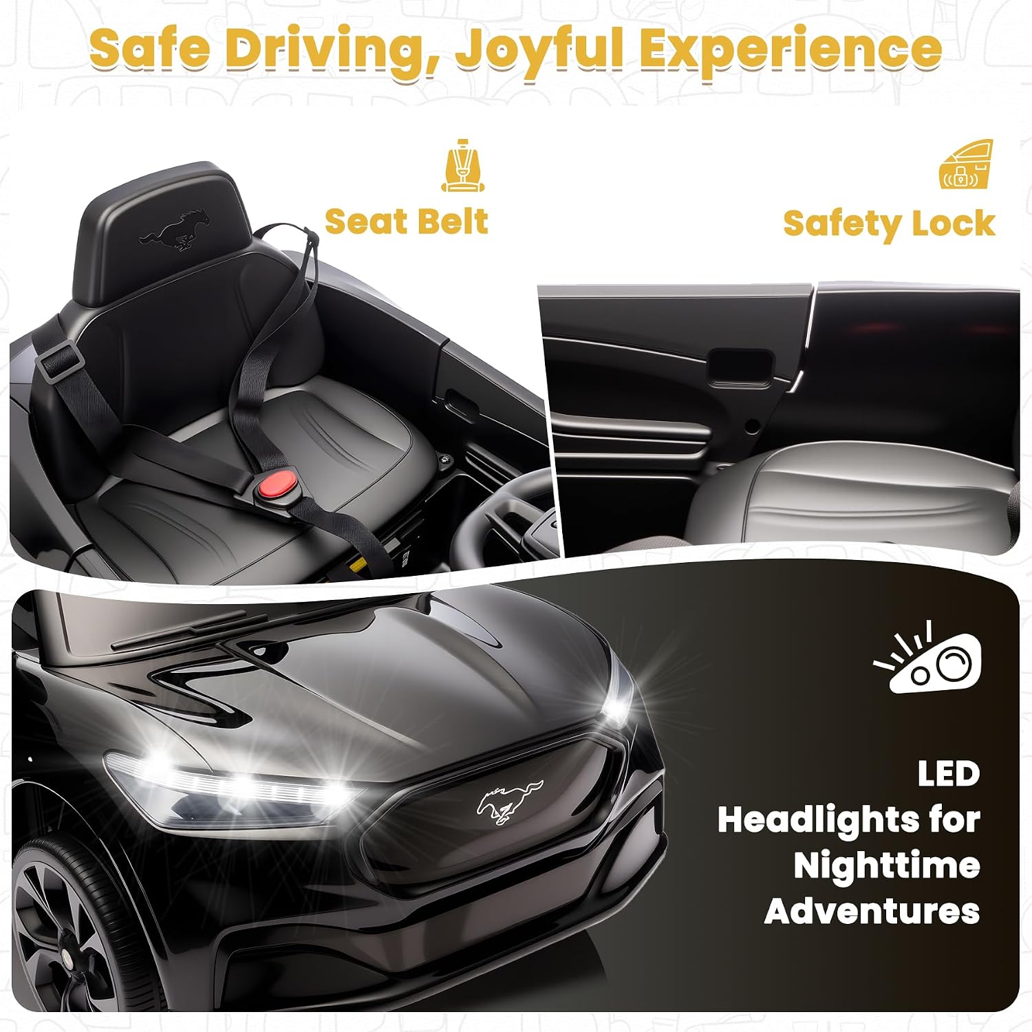 Bobike Electric Ride On Car for Kids, 12V Electric Toddler Car with Remote Control, Ride on Toys for Kids with LED Lights, Music Player, Lockable Doors (Black)