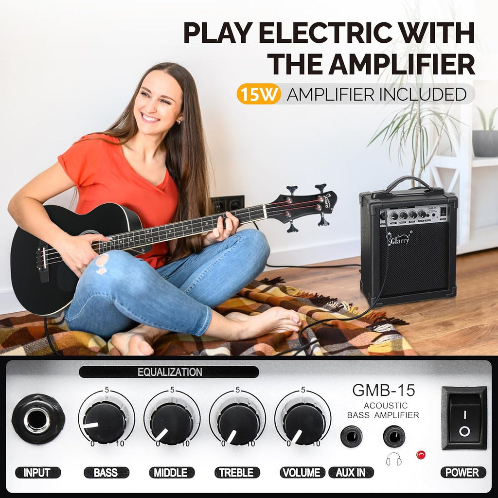 GLARRY Full Size Acoustic Electric Bass Guitar Beginner Kit w/ 15W Amp, Cutaway 4 Strings Electric Acoustic Bass Guitar w/Inbuilt Tuner, Bag, Strap, Picks, Strings, Bass Guitarra，Matte Black
