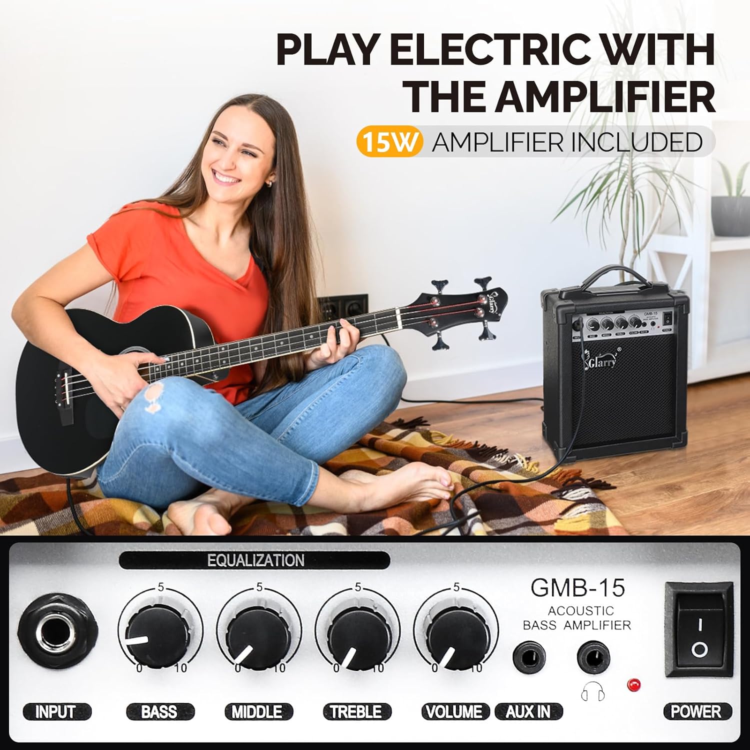 GLARRY Full Size Acoustic Electric Bass Guitar Beginner Kit w/ 15W Amp, Cutaway 4 Strings Electric Acoustic Bass Guitar w/Inbuilt Tuner, Bag, Strap, Picks, Strings, Bass Guitarra，Matte Black