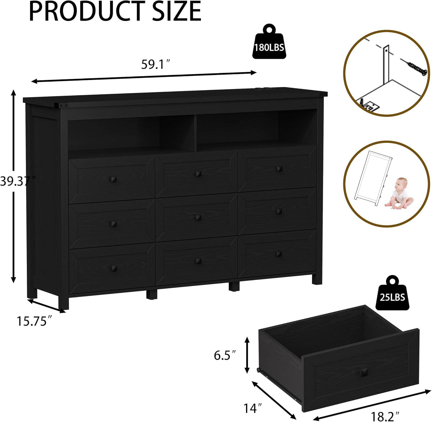 Dresser for Bedroom with 9 Drawers, Wide Modern Chest of Drawers with LED Light and Power Outlet, Wooden Closet Organizer Clothes Storage Cabinet, Double Dressers for Living Room, Hallway, Black