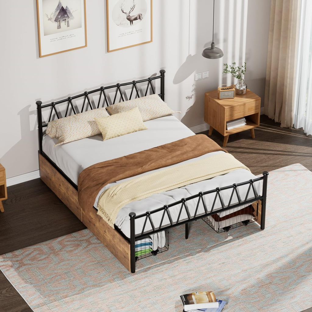 VECELO Queen Bed Frame with 4 Large Drawers,Queen Size Metal Platform Bed Frames with Headboard/Mattress Foundation/No Box Spring Needed