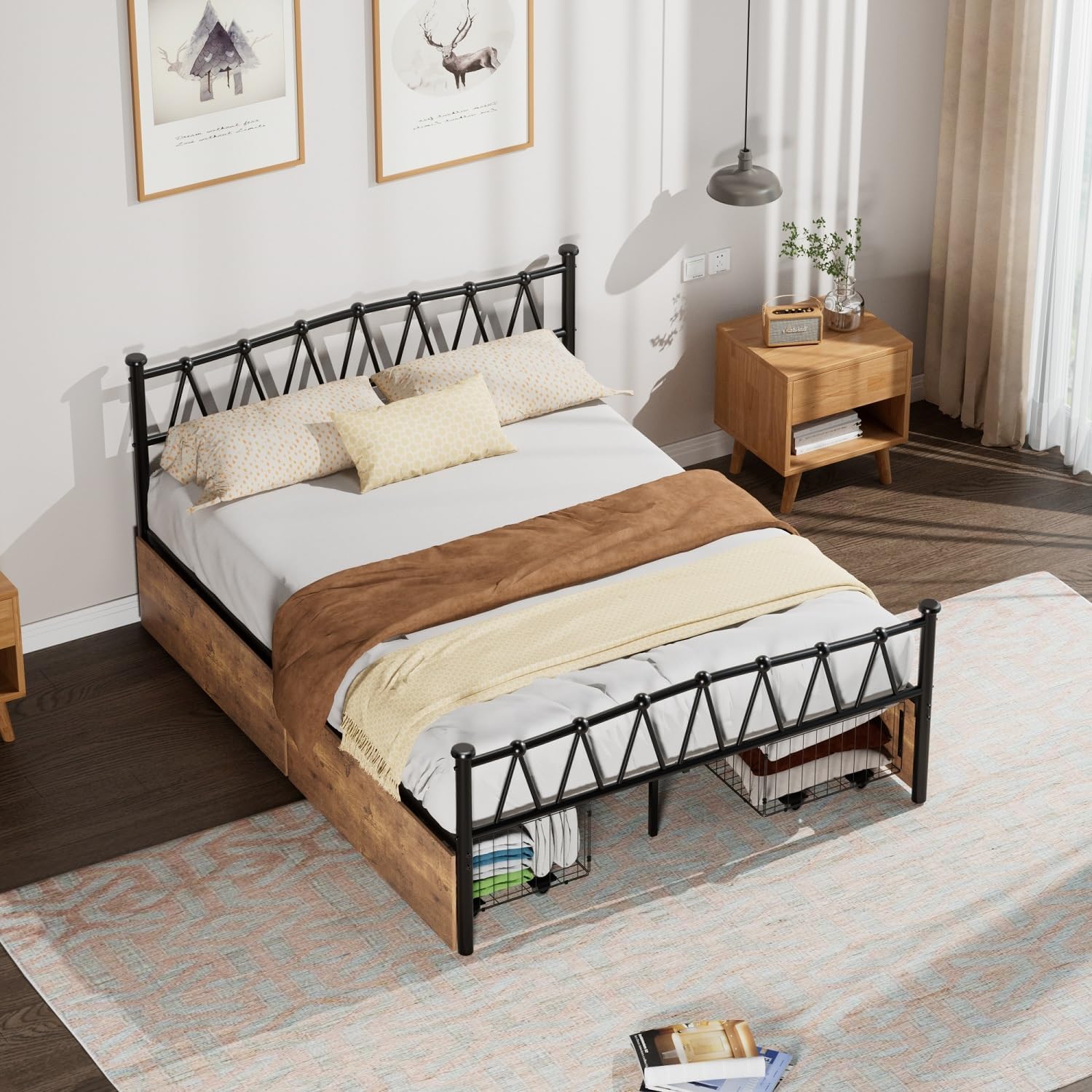 VECELO Queen Bed Frame with 4 Large Drawers,Queen Size Metal Platform Bed Frames with Headboard/Mattress Foundation/No Box Spring Needed
