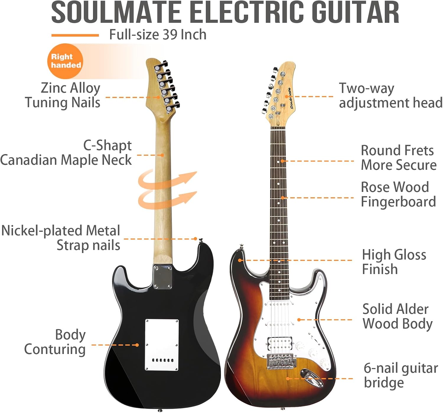 Soulmate Electric Guitar Kit for Beginner 39' HSS Pick Up Solid Body Full Size Electric Guitar for Starter with Amplifier, Bag, Capo, Strap, String,Cable, Picks(Sunburst)