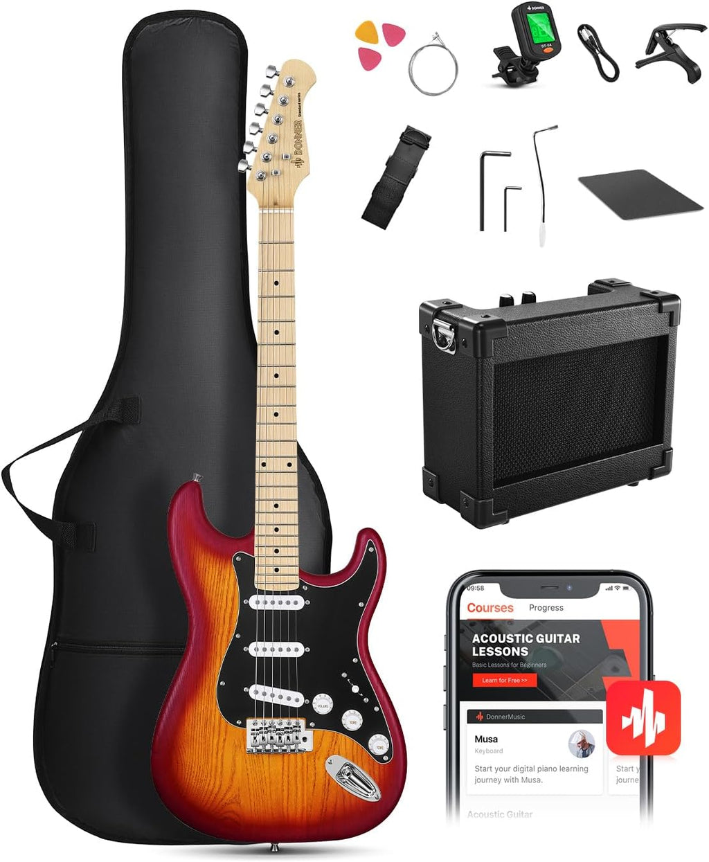 DONNER DST-80 Electric Guitar 39' Beginner Electric Guitar Kit with Amp, Classic SSS Pickup Complete with Gig Bag, Tuner, Capo, Strap, Picks, and Free Online Lessons, CherryBurst