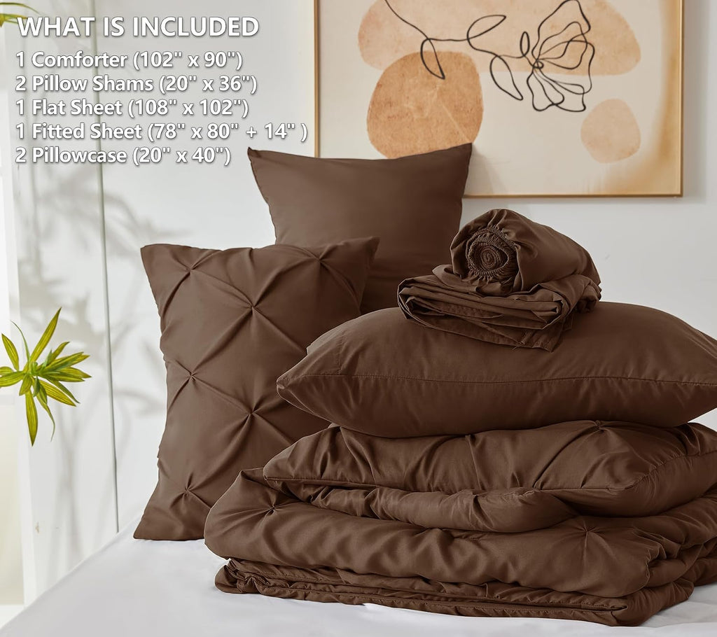 King Size Comforter Set 7 Pieces Bed in a Bag 100% Cotton Brown Comforter King Pintuck Bed Sets Pinch Pleat Bedding Sets Comforter, Flat Sheet, Fitted Sheet, Pillowcases & Shams