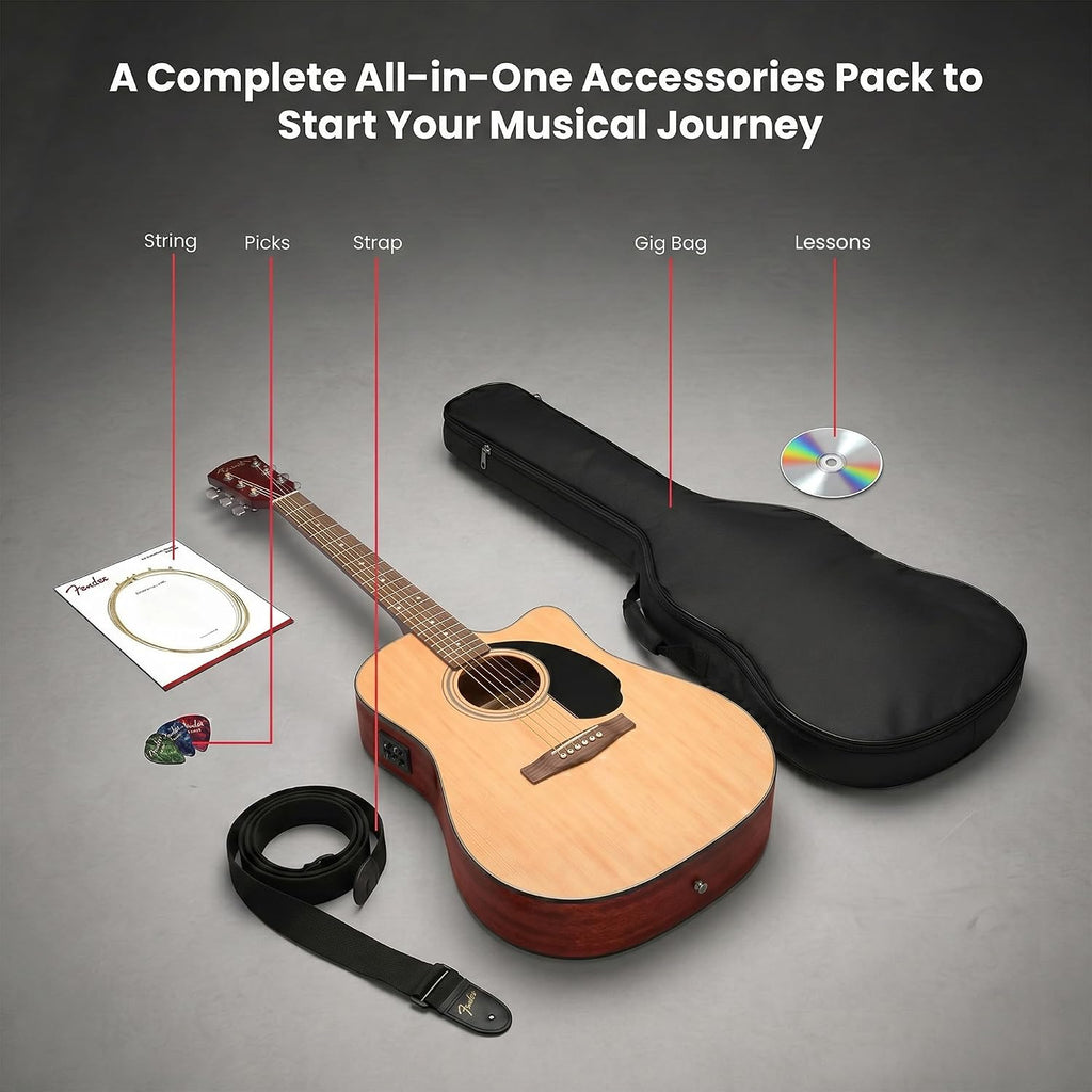 Fender FA Series Dreadnought Acoustic-Electric Guitar - Natural Bundle with Gig Bag, Strap, Strings, Picks, and Austin Bazaar Instructional DVD