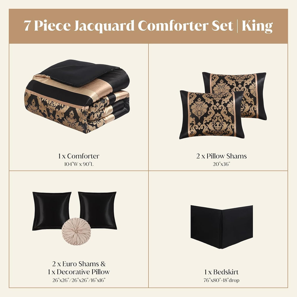 CozyDH Black Gold Floral Comforter Set King - 7 Piece Luxury Jacquard Vintage Patchwork Bed in a Bag, All Season Down Alternative Bedding with Bed Skirt, Shams, Decorative Pillow, 104x90 in