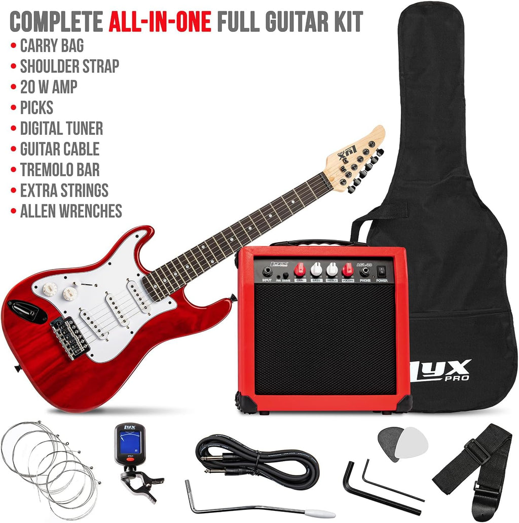 LyxPro Left Hand 36 Inch Electric Guitar and Kit for Lefty Kids with 3/4 Size Beginner's Guitar, Amp, Six Strings, Two Picks, Shoulder Strap, Digital Clip On Tuner, Cable and Soft Case Gig Bag - Red