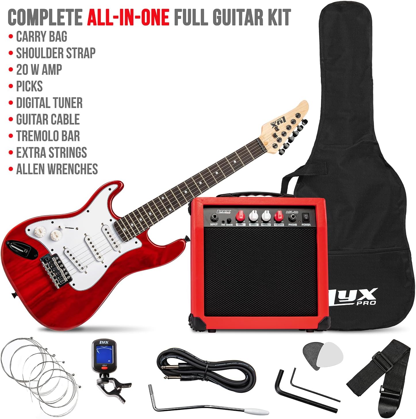LyxPro Left Hand 36 Inch Electric Guitar and Kit for Lefty Kids with 3/4 Size Beginner's Guitar, Amp, Six Strings, Two Picks, Shoulder Strap, Digital Clip On Tuner, Cable and Soft Case Gig Bag - Red