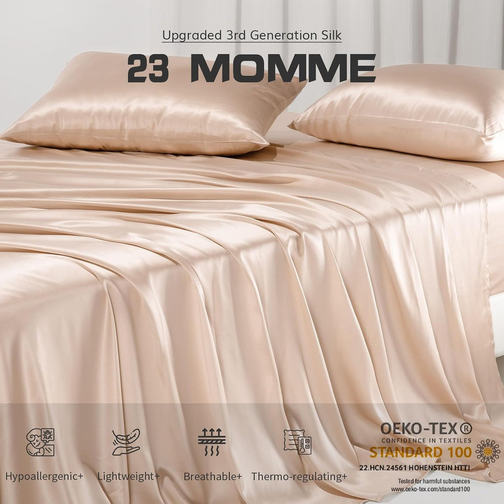 PROMEED 100% Pure Mulberry Silk Sheets Set 3 Piece, 23 Momme Grade 6A+ Natural Silk Bed Sheet Set, Includes Flat Sheet, Fitted Sheet and Pillowcase (Champagne, Twin/Twin-XL)