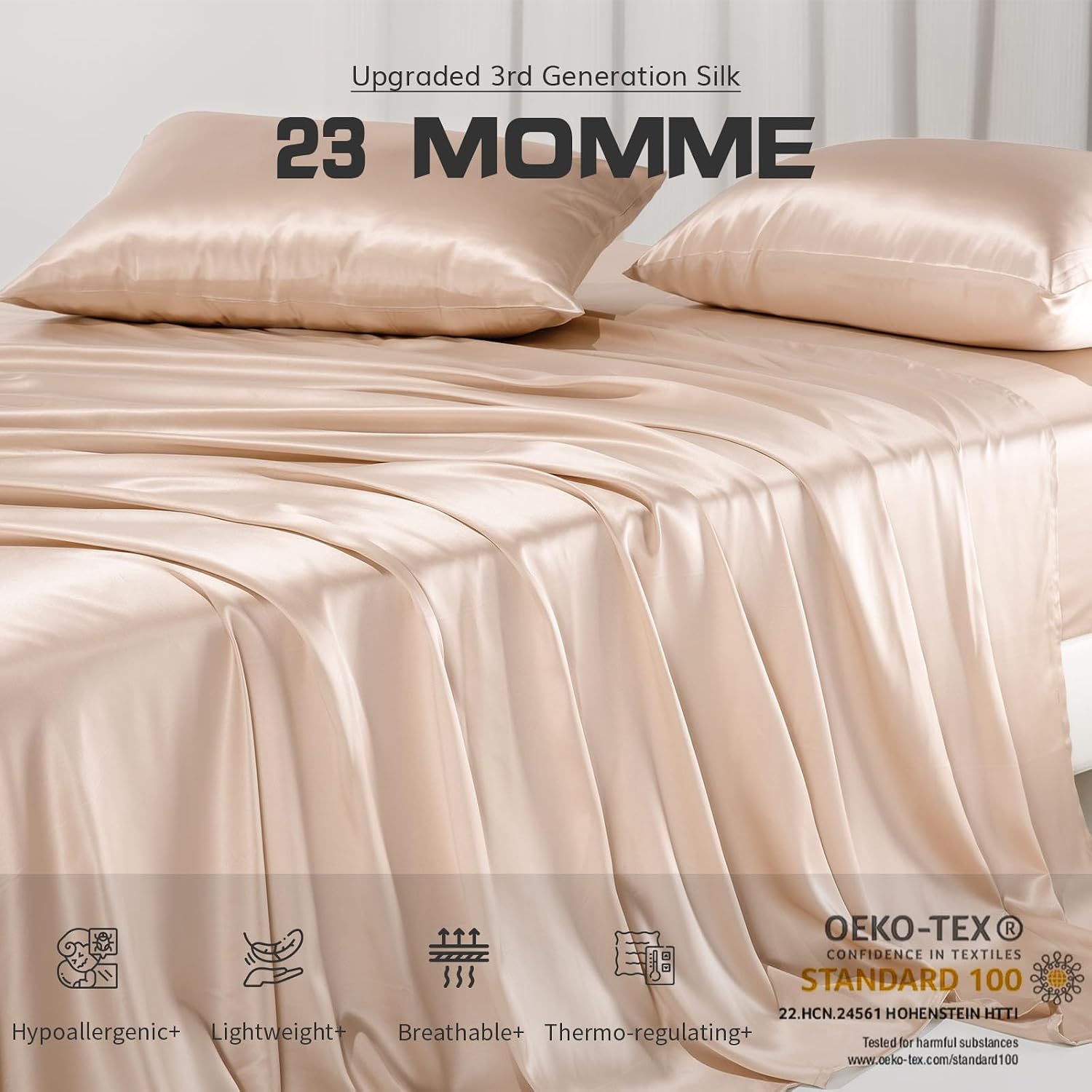 PROMEED 100% Pure Mulberry Silk Sheets Set 3 Piece, 23 Momme Grade 6A+ Natural Silk Bed Sheet Set, Includes Flat Sheet, Fitted Sheet and Pillowcase (Champagne, Twin/Twin-XL)