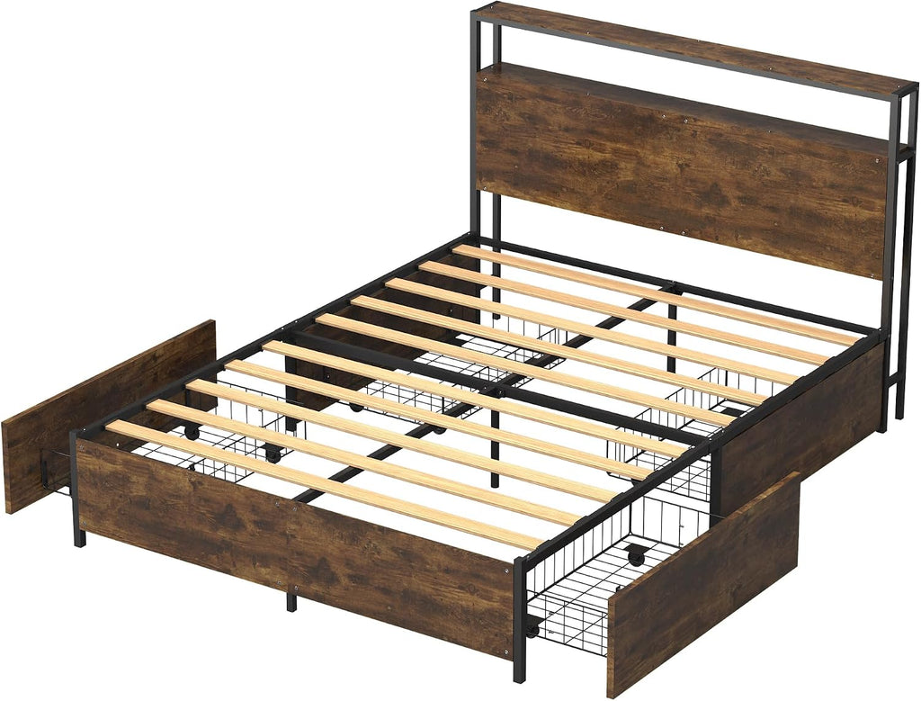Panana Full/Queen Size Bed Frame with 4 Storage Drawers and Headboard, 2 Tier Shelves Headboard Storage, with Slats, Noise Free, No Box Spring Needed (Vintage Brown, Full)