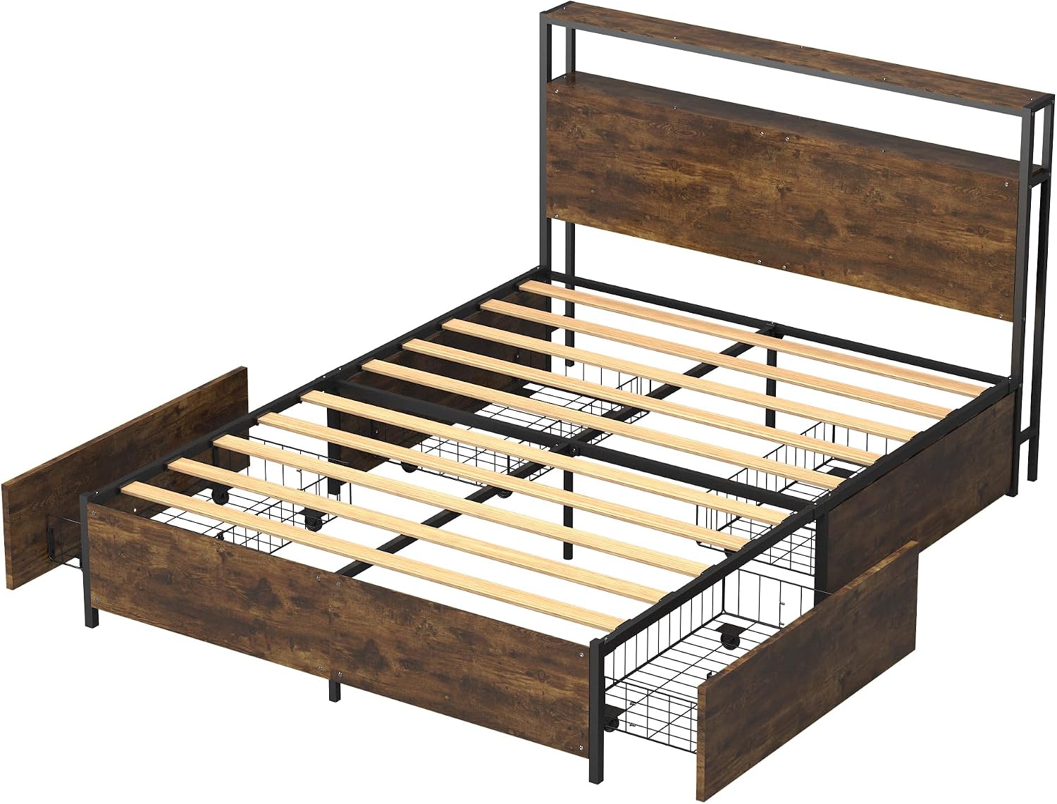 Panana Full/Queen Size Bed Frame with 4 Storage Drawers and Headboard, 2 Tier Shelves Headboard Storage, with Slats, Noise Free, No Box Spring Needed (Vintage Brown, Full)