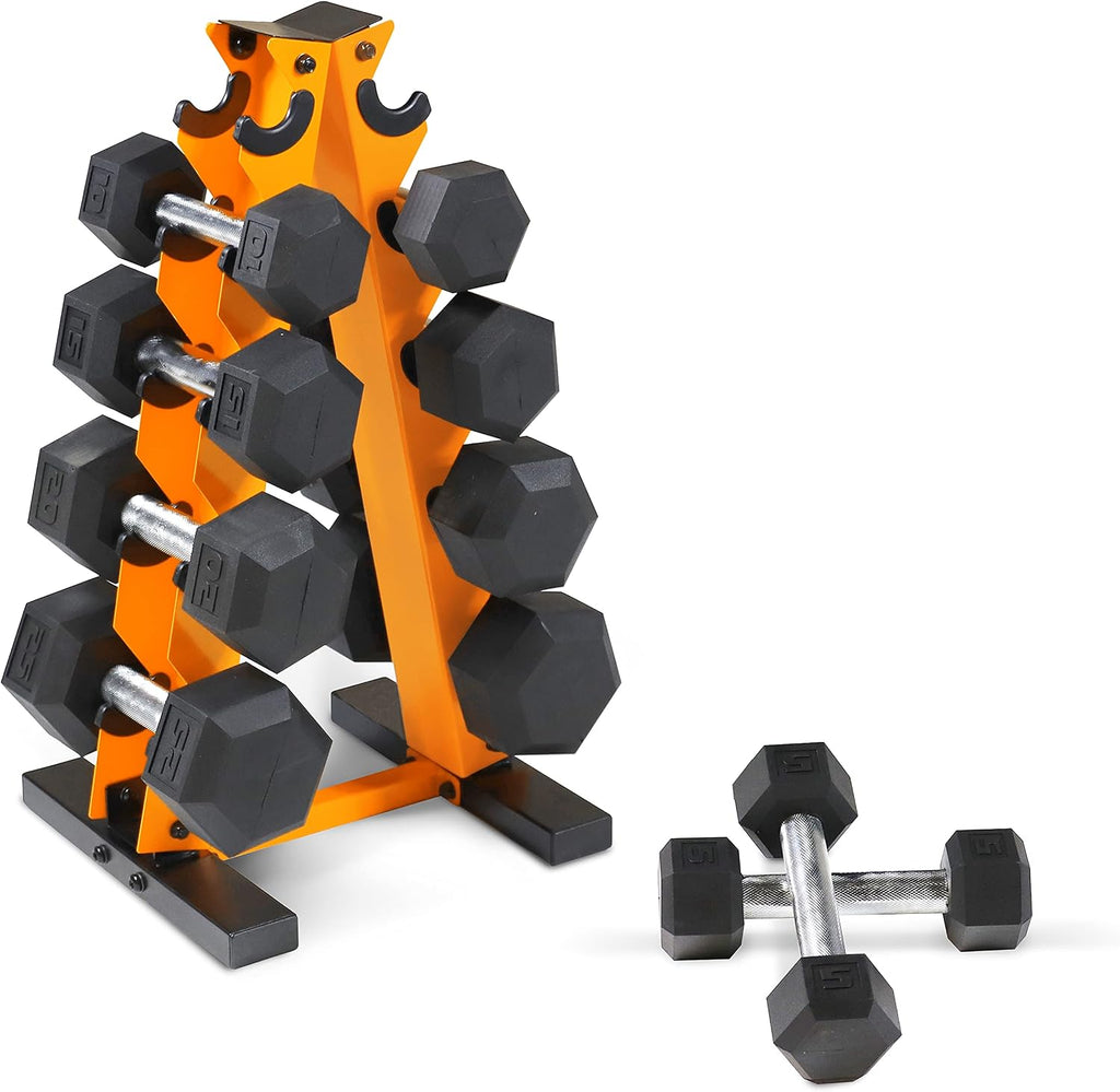 WF Athletic Supply 5-25Lb Rubber Coated Hex Dumbbell Set with A Frame Storage Rack Non-Slip Hex Shape for Muscle Toning, Strength Building & Weight Loss - Multiple Choices Available