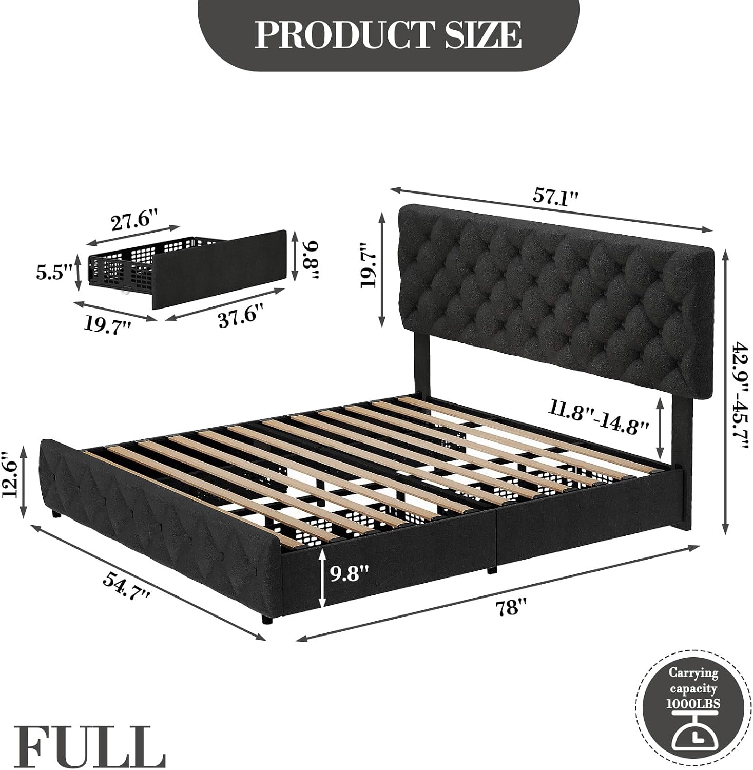 Full Size Bed Frame with 4 Storage Drawers & Headboard, Linen Upholstered Platform Bed Frame, Stylish Diamond Tufted Design, No Box Spring Needed | Black