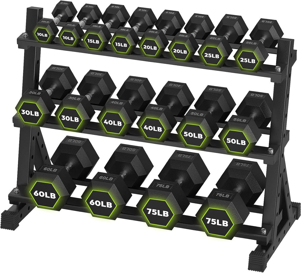 HANDBODE Hex Dumbbell Set with Rack, 300-840 lb Rubber Coated Fixed Weights Sets with Heavy Duty Storage Stand, Hexagon Shape, Multiple Weight Options Home Gym Equipment for Strength Training