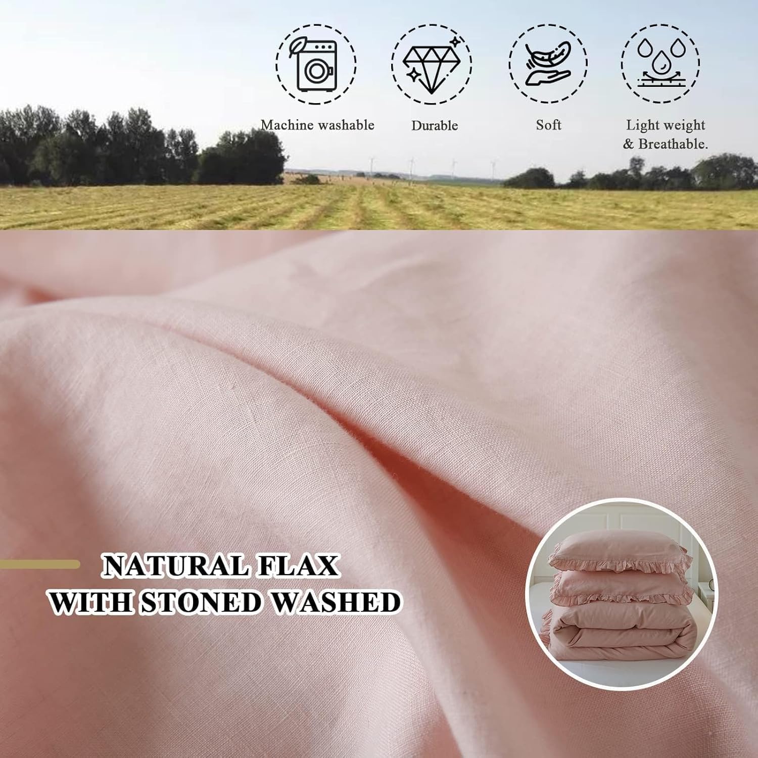 Simple&Opulence 100% Linen Duvet Cover Set, 3 PCS Natural French Flax Blush Pink Ruffle Duvet Cover King Size, Breathable Comfy Linen Bedding Comforter Cover with 2 Pillowcases(Blush Pink, 104' X 92')