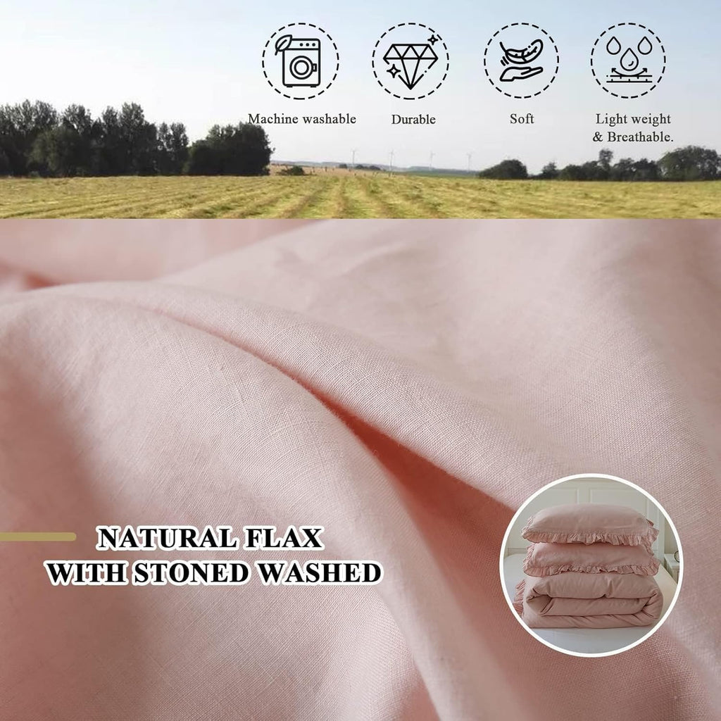 Simple&Opulence 100% Linen Duvet Cover Set, 3 PCS Natural French Flax Blush Pink Ruffle Duvet Cover Full Size, Breathable Comfy Linen Bedding Comforter Cover with 2 Pillowcases (Blush Pink, 78' X 86')