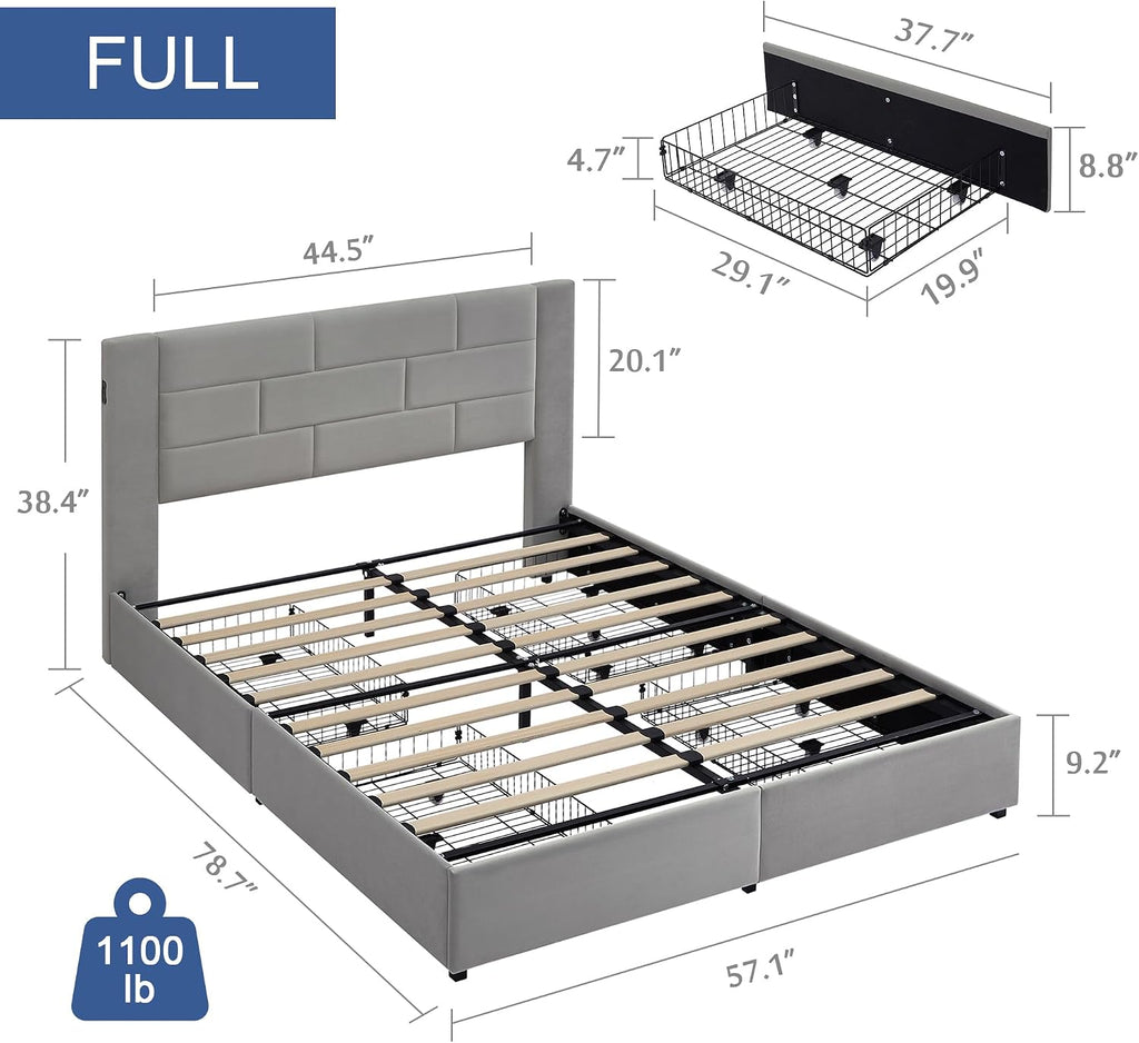 VECELO Full Bed Frame with 4 Storage Drawers, Upholstered Platform Beds with Velvet Headboard and Charging Station-Ports for USB and Type-C, Noise-Free, No Box Spring Needed, Easy Assembly, Dark Grey