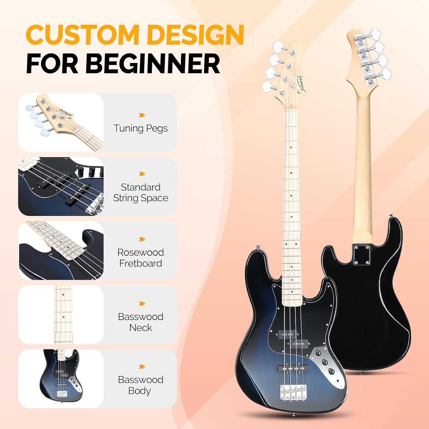 GLARRY Bass Guitar Full Size 4 String Exquisite Stylish Bass with Guitar Bag Power Line and Wrench Tool (Dark Blue, With AMP)
