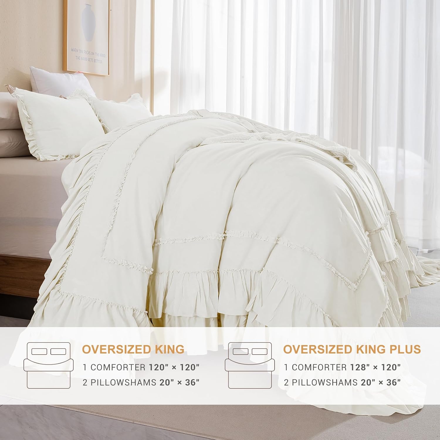 Masaca Oversized King Comforter 128x120,Farmhouse Shabby Boho Chic Ruffled Bedding Comforter Set,3Pcs Ivory Ruffle Extra Large King Size Comforter Sets French Country Rustic Bedding Set Ultra Soft