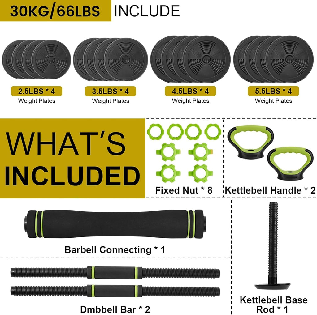 Adjustable Dumbbell Set, 66Lbs Free Weights Set with Connector, 4 In 1 Weight Set Used As Barbell, Kettlebells, Push Up Stand, Fitness Exercise Equipment for Home Gym Suitable Men/Women