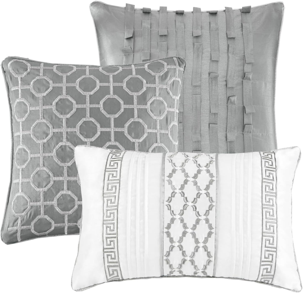 Madison Park Luxury Comforter Set-Traditional Jacquard Design All Season Down Alternative Bedding, Matching Bedskirt, Decorative Pillows, King(104'x92'), Bennett, Geometric Grey, 7 Piece