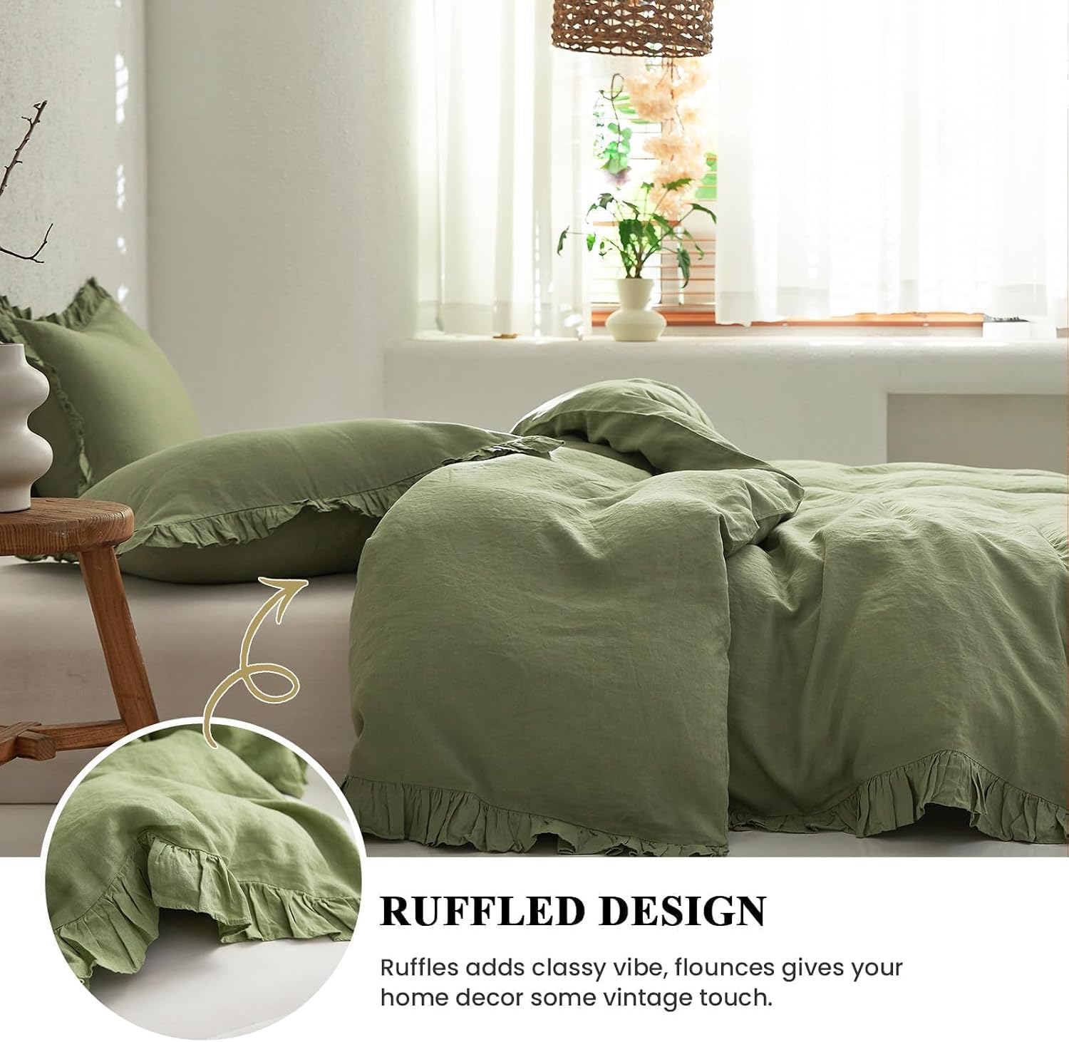 Simple&Opulence 100% Linen Duvet Cover Set, 3 PCS Natural French Flax Sage Green Ruffle Duvet Cover King Size, Breathable Comfy Linen Bedding Comforter Cover with 2 Pillowcases(Sage Green, 104' X 92')