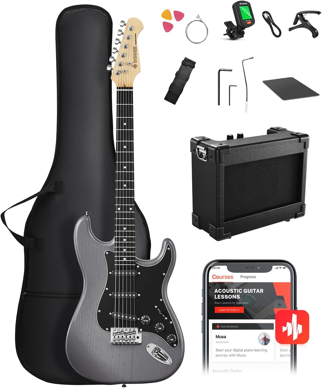 DONNER DST-80 Electric Guitar 39' Beginner Electric Guitar Kit with Amp, Classic SSS Pickup Complete with Gig Bag, Tuner, Capo, Strap, Picks, and Free Online Lessons