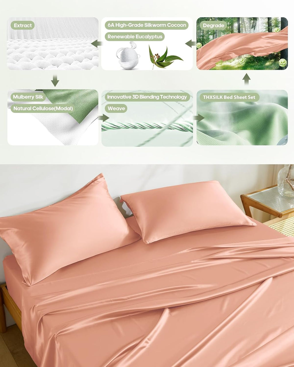 THXSILK Silk Sheet Set 4 Pcs, Full Size Sheet Set, Soft Breathable Cooling Bed Sheets with 1 Flat Sheet, 1 Fitted Sheet, 2 Pillowcases with Zipper Closure, Peachy Pink