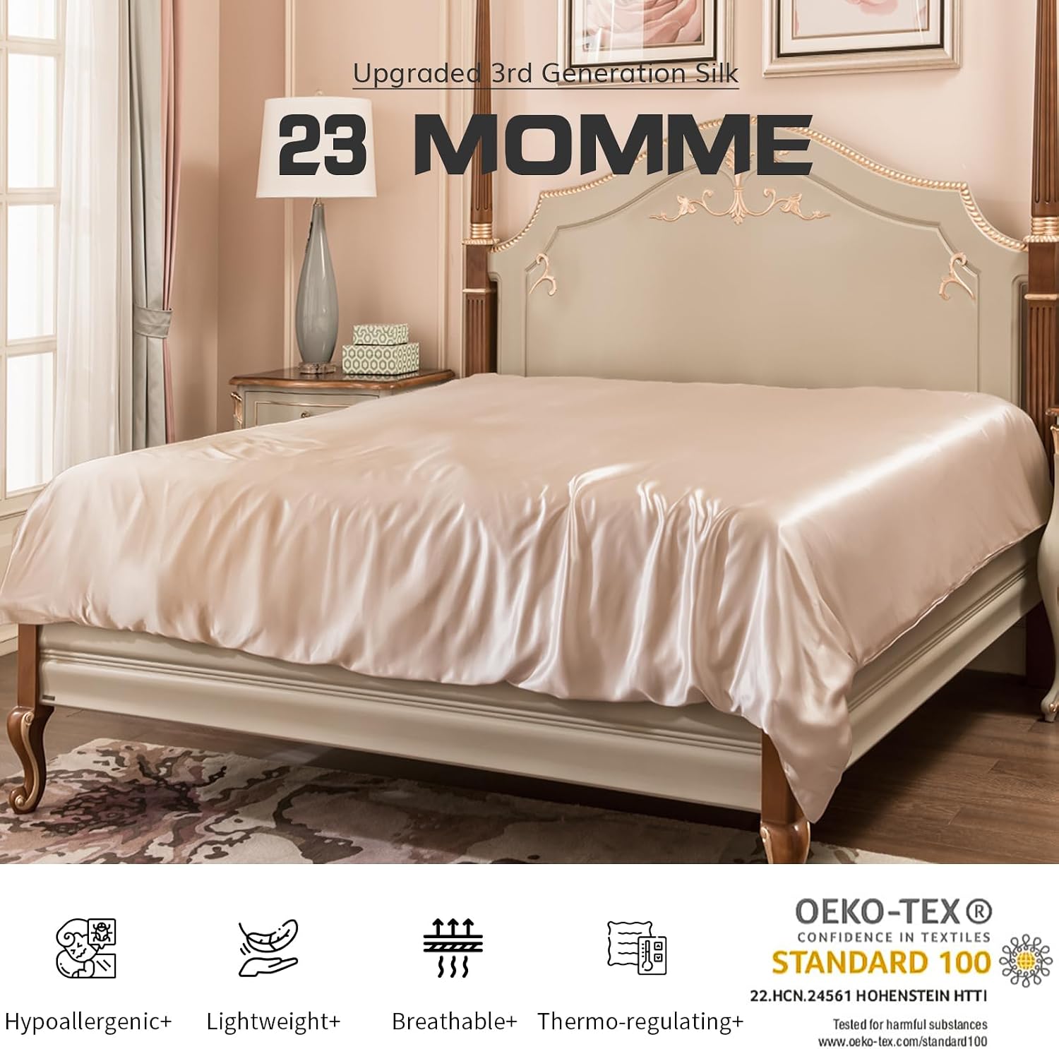 PROMEED 100% Mulberry Silk Duvet Cover King Size, Real Grade 6A+ 23 Momme Silk Quilt/Comforter Cover with Zipper and Coner Tie (Champagne, King)