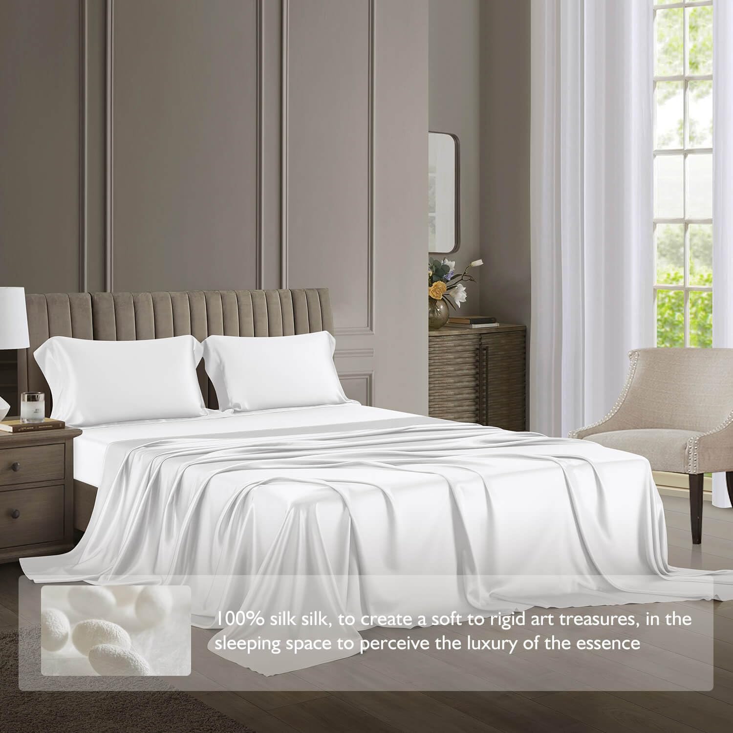 DISANGNI 22 Momme 100% Mulberry Silk Bedding Set - 4-Piece Luxury (2 Pillowcases, 1 Fitted Sheet, 1 Flat Sheet) - 6A Grade Natural Silk (Cream White, Queen)