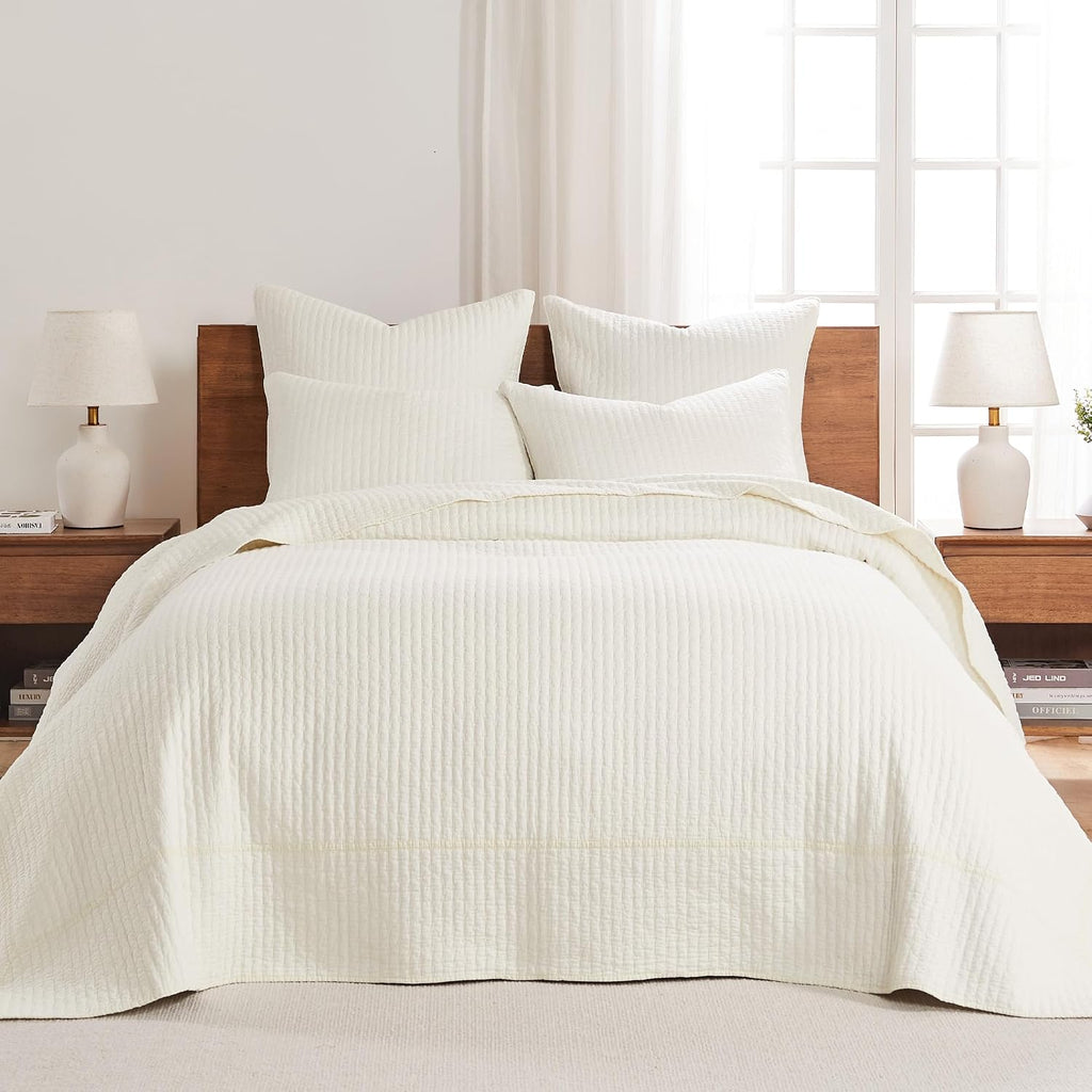 Levtex Home Cross Stitch Reversible King Bedspread Set (120x104in) with 2 Pillow Shams (36x20in) - Stitch Texture - Cream - Cotton King Size Bedspread Set - Soft, Pre-Washed
