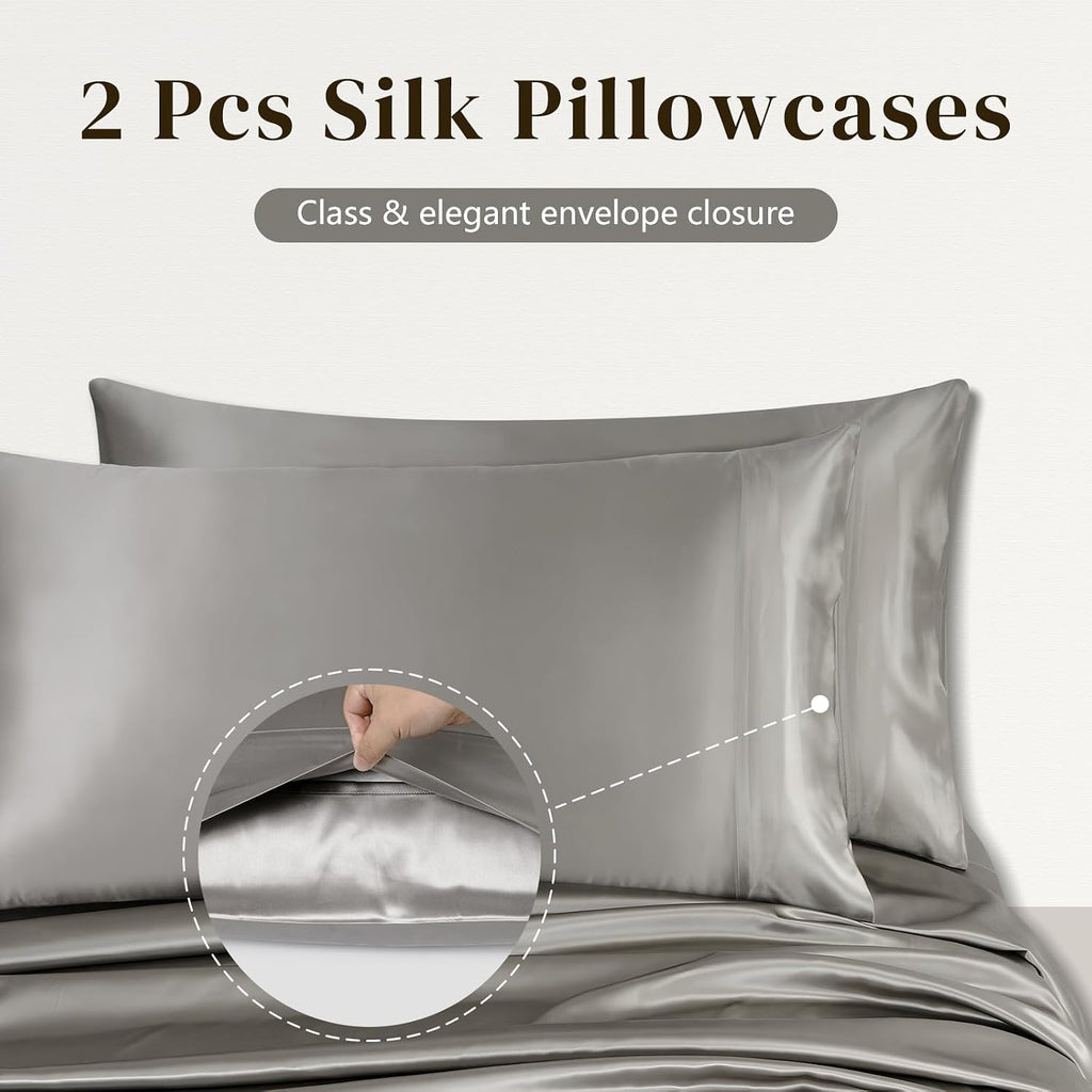 ZIMASILK 100% 19 Momme Pure Mulberry Silk Bedding 4-Pieces Set for Sleeping, Soft, Breathable & Hypoallergenic,for Hair & Skin Care (Queen Gray)