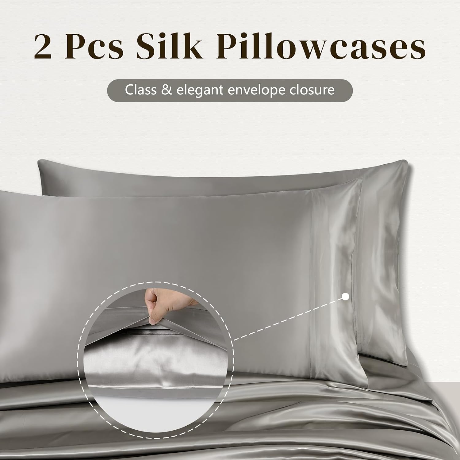 ZIMASILK 100% 19 Momme Pure Mulberry Silk Bedding 4-Pieces Set for Sleeping, Soft, Breathable & Hypoallergenic,for Hair & Skin Care (Queen Gray)
