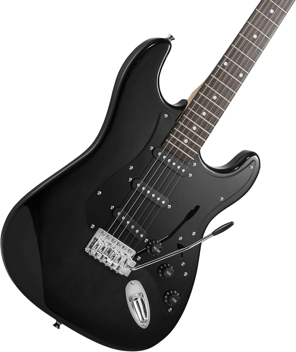 Ashthorpe 39-Inch Electric Guitar (Black-Black), Full-Size Guitar Kit with Padded Gig Bag, Tremolo Bar, Strap, Strings, Cable, Cloth, Picks
