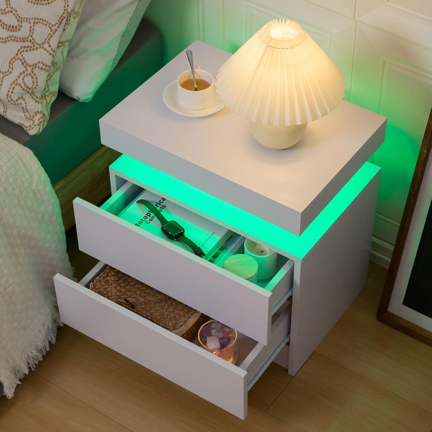 Bingoday Nightstand Set of 2 LED Nightstand with 2 Drawers, Bedside Table with Drawers for Bedroom Furniture, Side Bed Table with LED Light