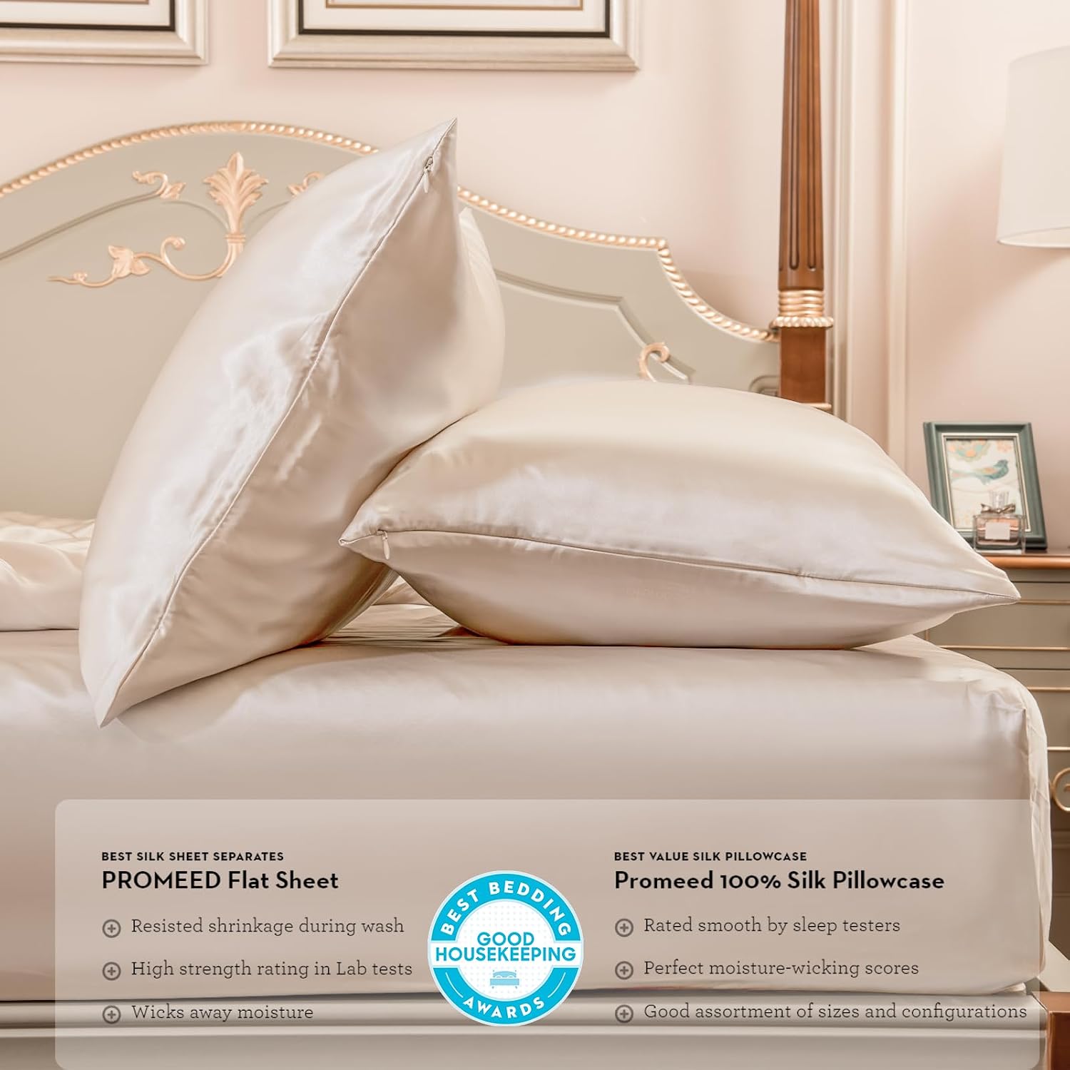 PROMEED Natural Silk 3pcs Queen Sheet Set 23 Momme, 100% Real Mulberry Silk Deep Pocket Fitted Sheet and Pillowcase Set for Hair and Skin (Champagne, Queen)