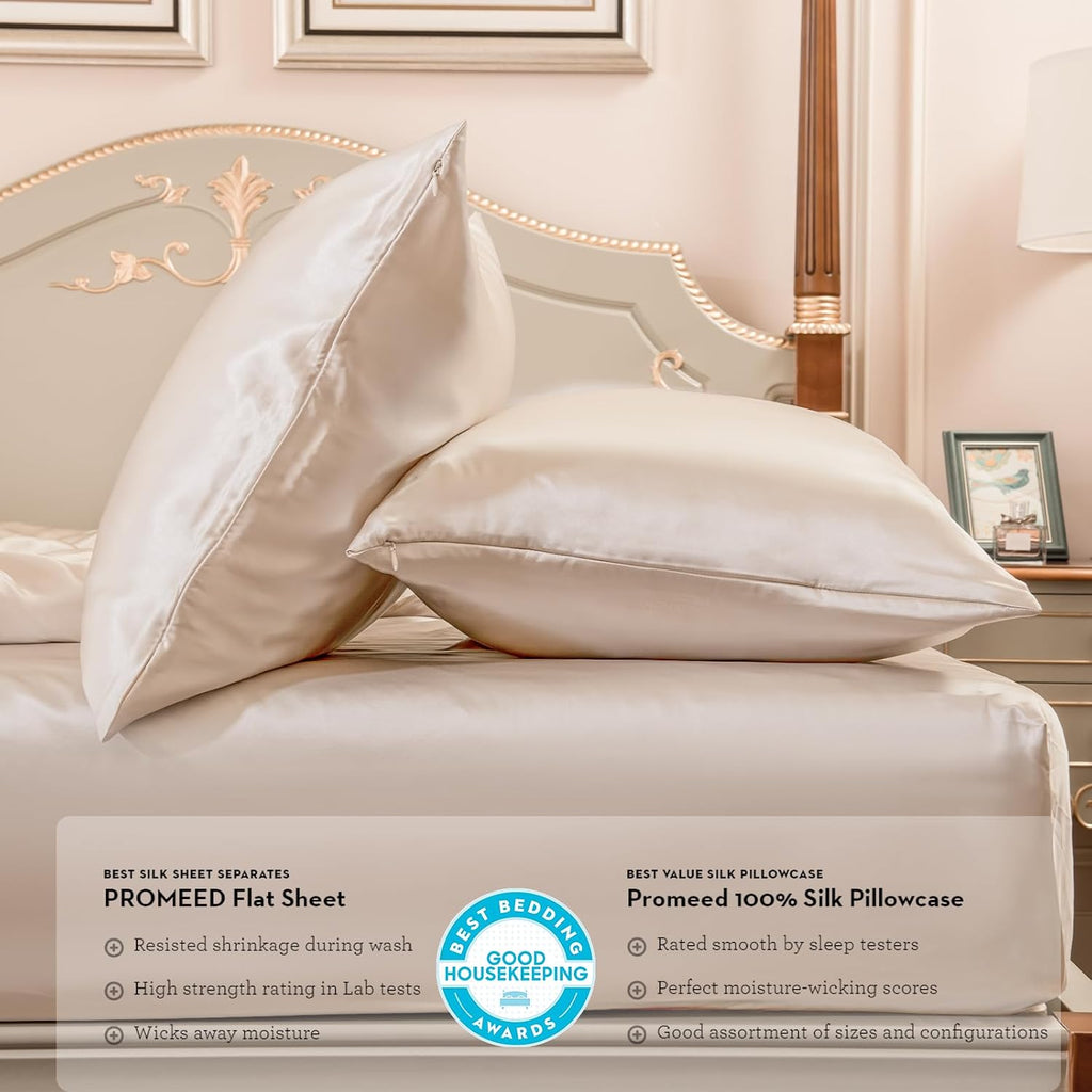 PROMEED 23mm Silk Queen Size Fitted Sheet ONLY, 100% New 3rd Gen 23 Momme 100% Mulberry Silk Bed Sheet with 16-Inch Deep Pocket (Champagne, Queen)