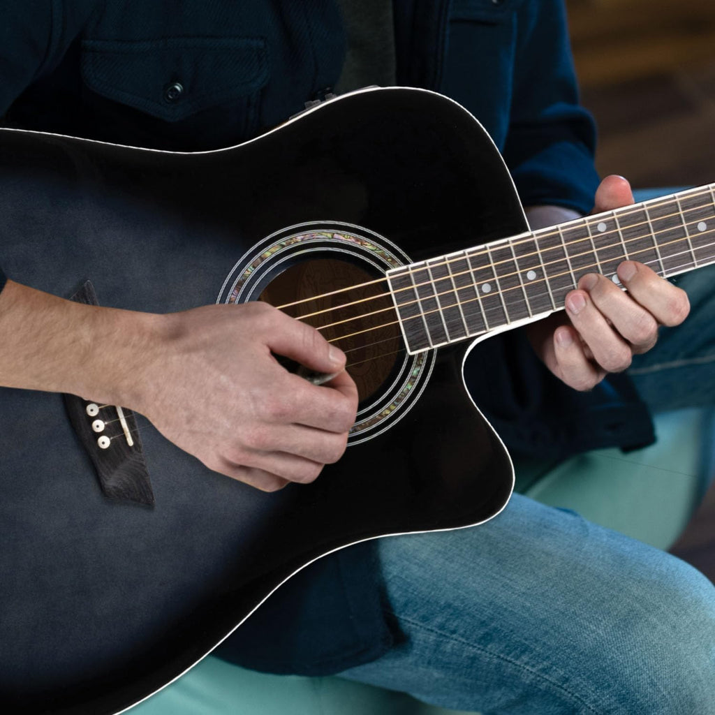 Washburn WA90CE Acoustic-Electric Guitar Kit - Black Bundle with Gig Bag, Strap, Picks, Strings, Stand, Instructional DVD and Austin Bazaar Polishing Cloth