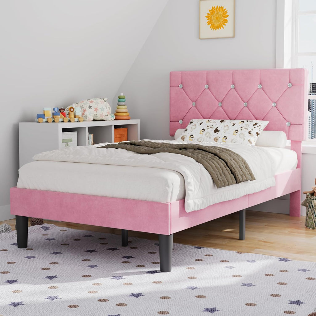 VECELO Twin Size Bed Frame with Diamond Tufted Headboard, Upholstered Platform Bedframe with Wood Slat Support, No Box Spring Needed, Mauve Pink