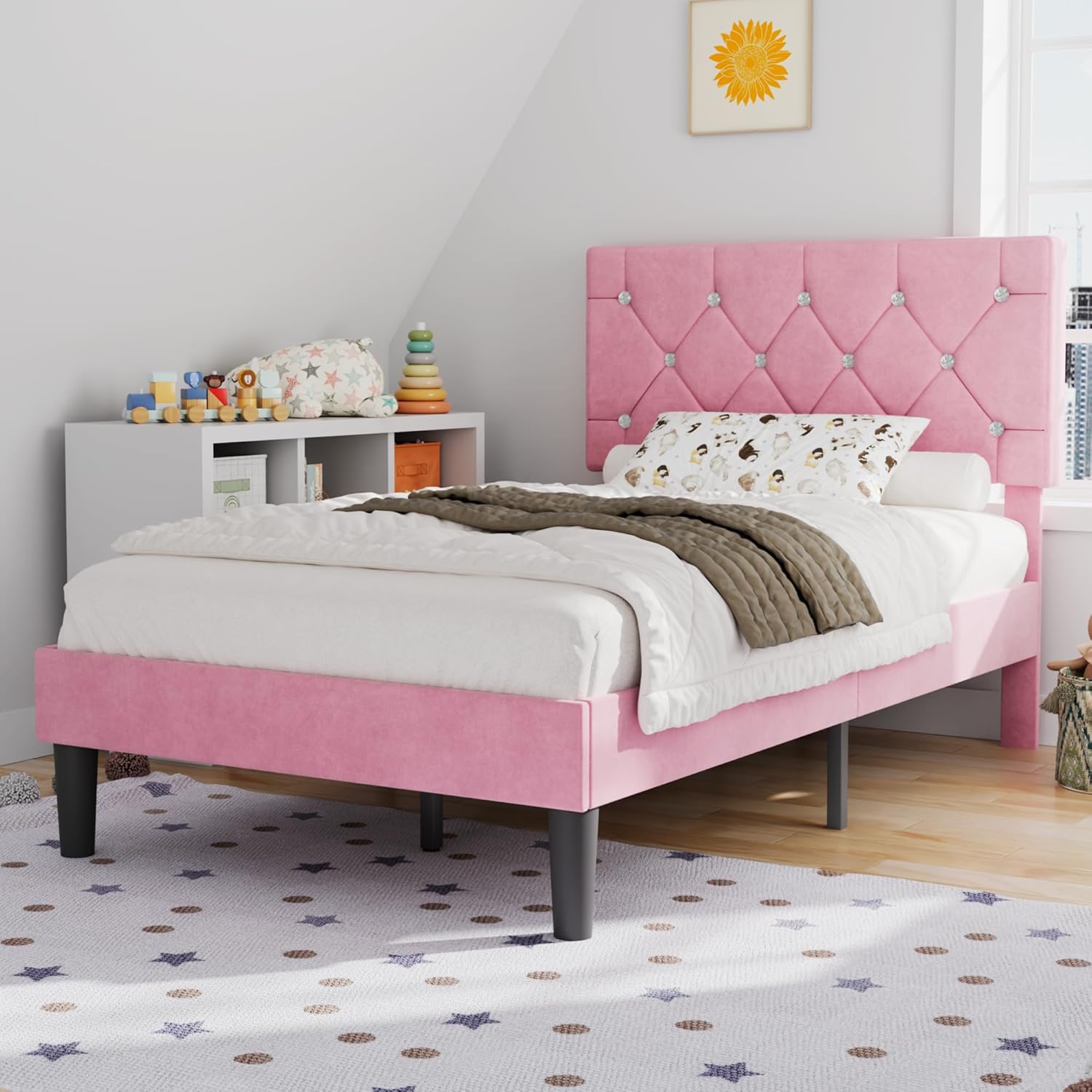 VECELO Twin Size Bed Frame with Diamond Tufted Headboard, Upholstered Platform Bedframe with Wood Slat Support, No Box Spring Needed, Mauve Pink