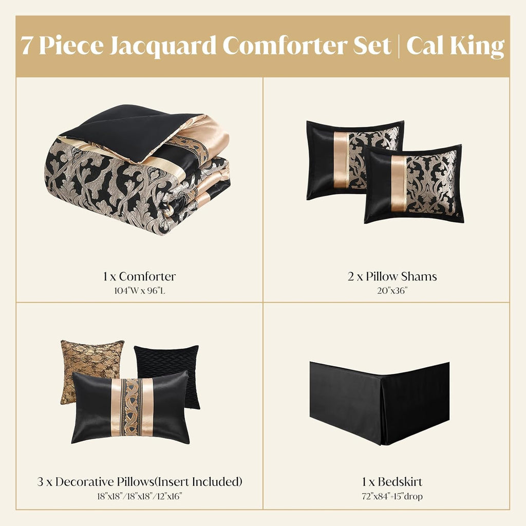 CozyDH Black Gold Jacquard Comforter Set California King - 7 Piece Luxury Bed in a Bag Vintage Damask Patchwork, All Season Down Alternative Bedding with Bed Skirt, Shams, Decor Pillows, 104x96 in