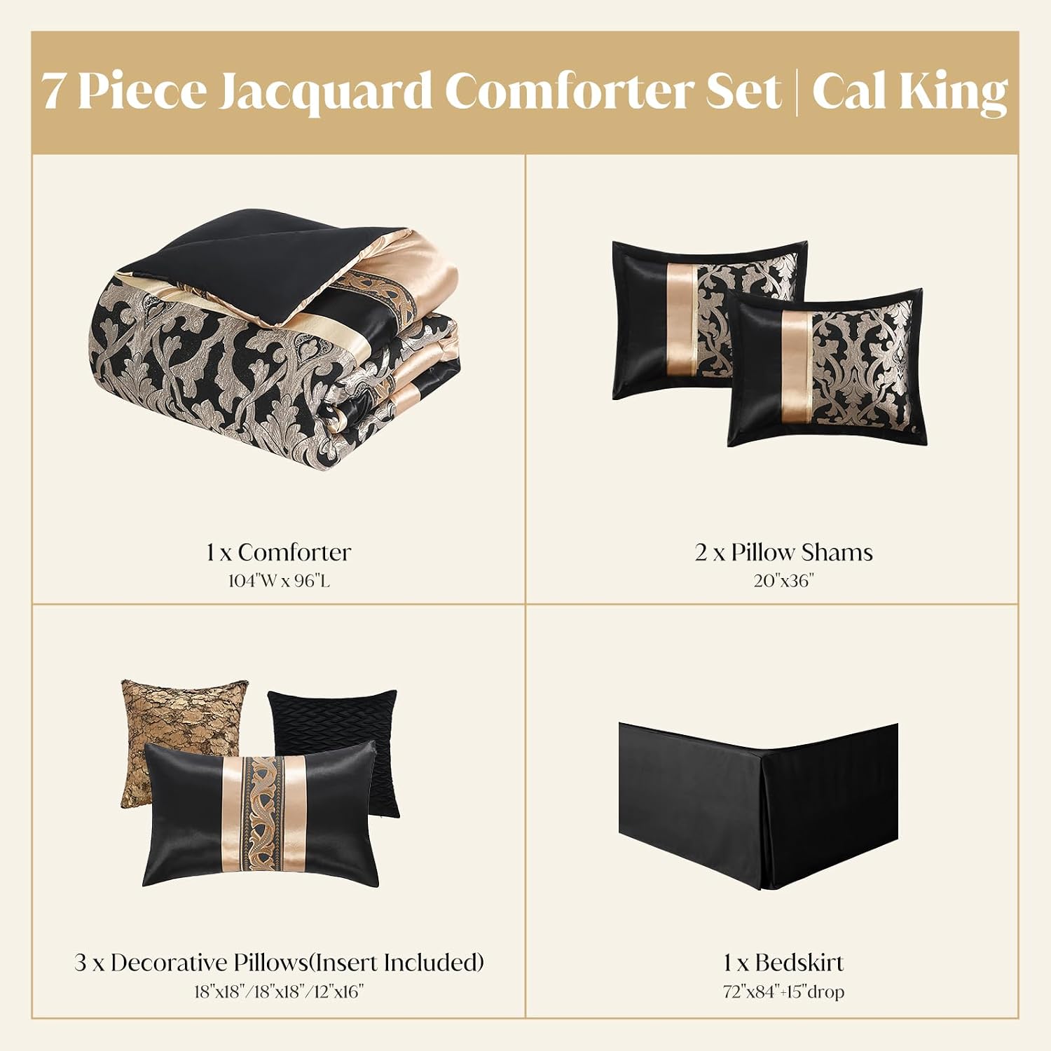 CozyDH Black Gold Jacquard Comforter Set California King - 7 Piece Luxury Bed in a Bag Vintage Damask Patchwork, All Season Down Alternative Bedding with Bed Skirt, Shams, Decor Pillows, 104x96 in