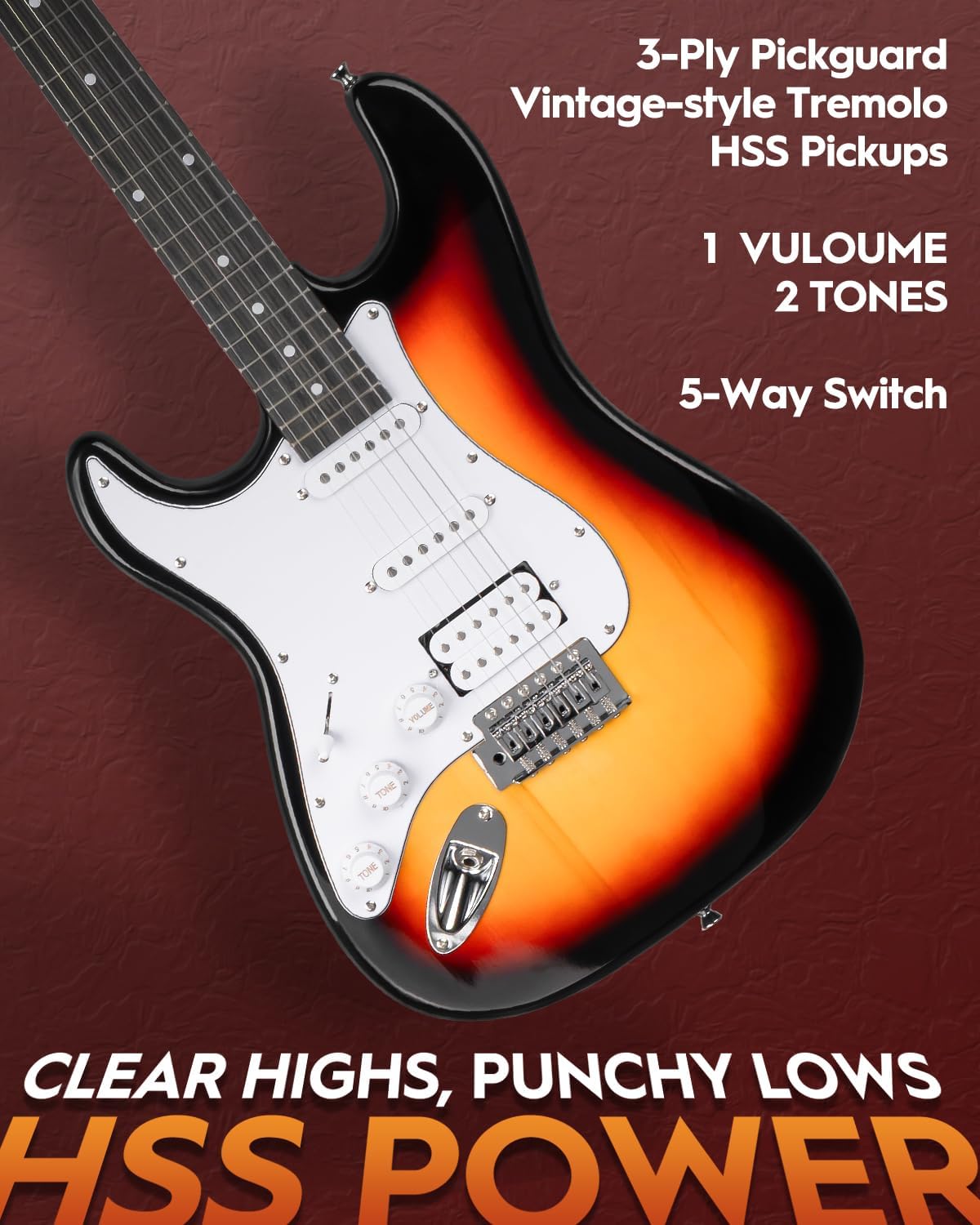 STRICH Electric Guitar Left Hand Beginner Kit, Solid Body 39' Electric Guitar HSS Pick Up for Starter, with 5W x 2 Amp, Bag, Capo, Strap, String,Cable, Picks, SST-S20L Sunburst