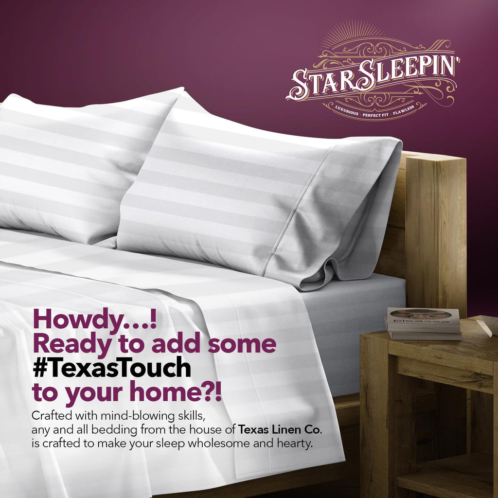 TEXAS LINEN CO. 100% Egyptian Cotton Sheets King Size Set - 1200 Series Star Sleepin' Damask Egyptian Cotton Luxury Sheets King Size (4 PC, White Stripe), 17' Deep Pocket, Sateen Hotel Bedding Set