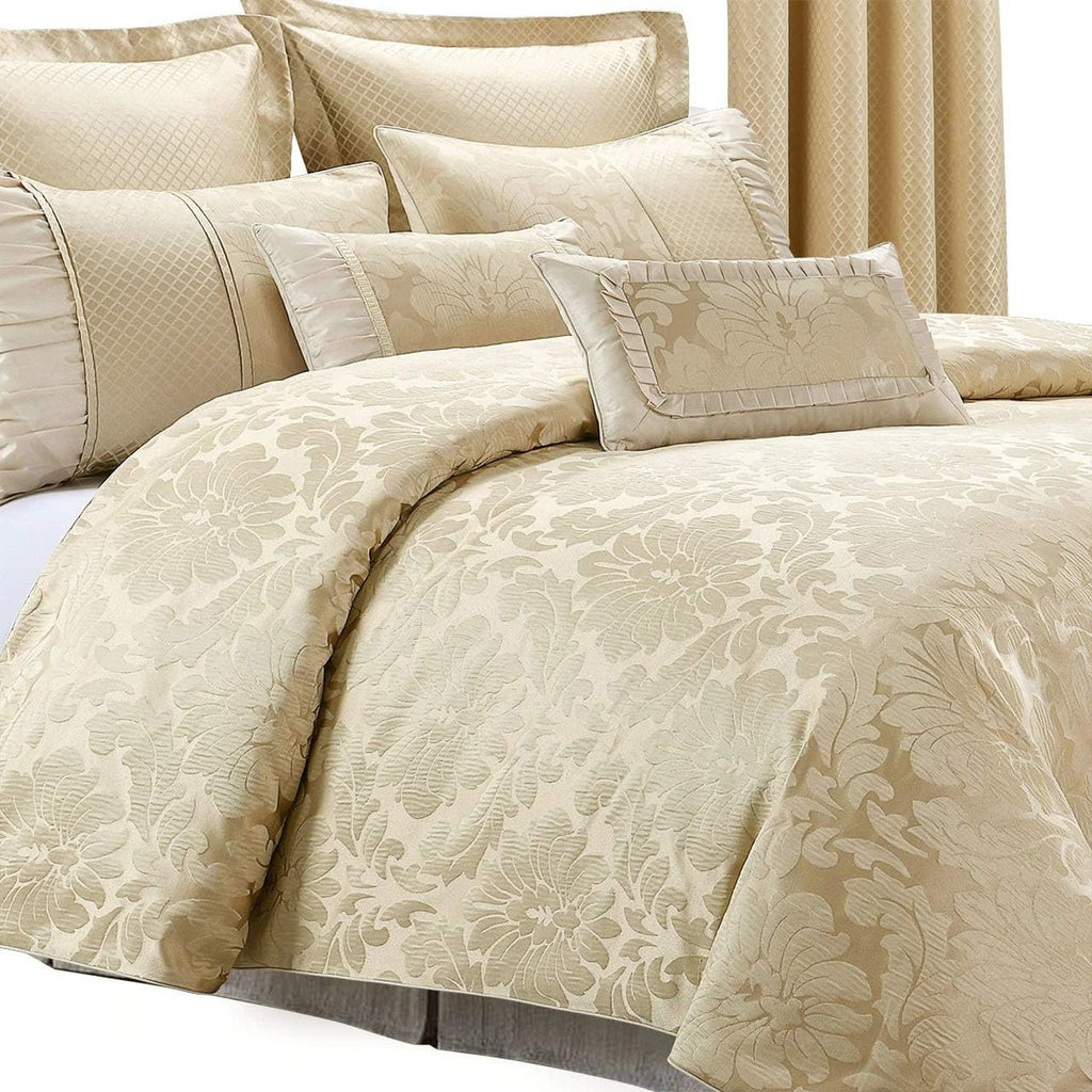 sheetsnthings Jacquard Full Size Comforter Set- 12PC Bed in a Bag Includes Sara (Beige) Duvet Cover Set, Down Alternative Comforter, Bed Sheets