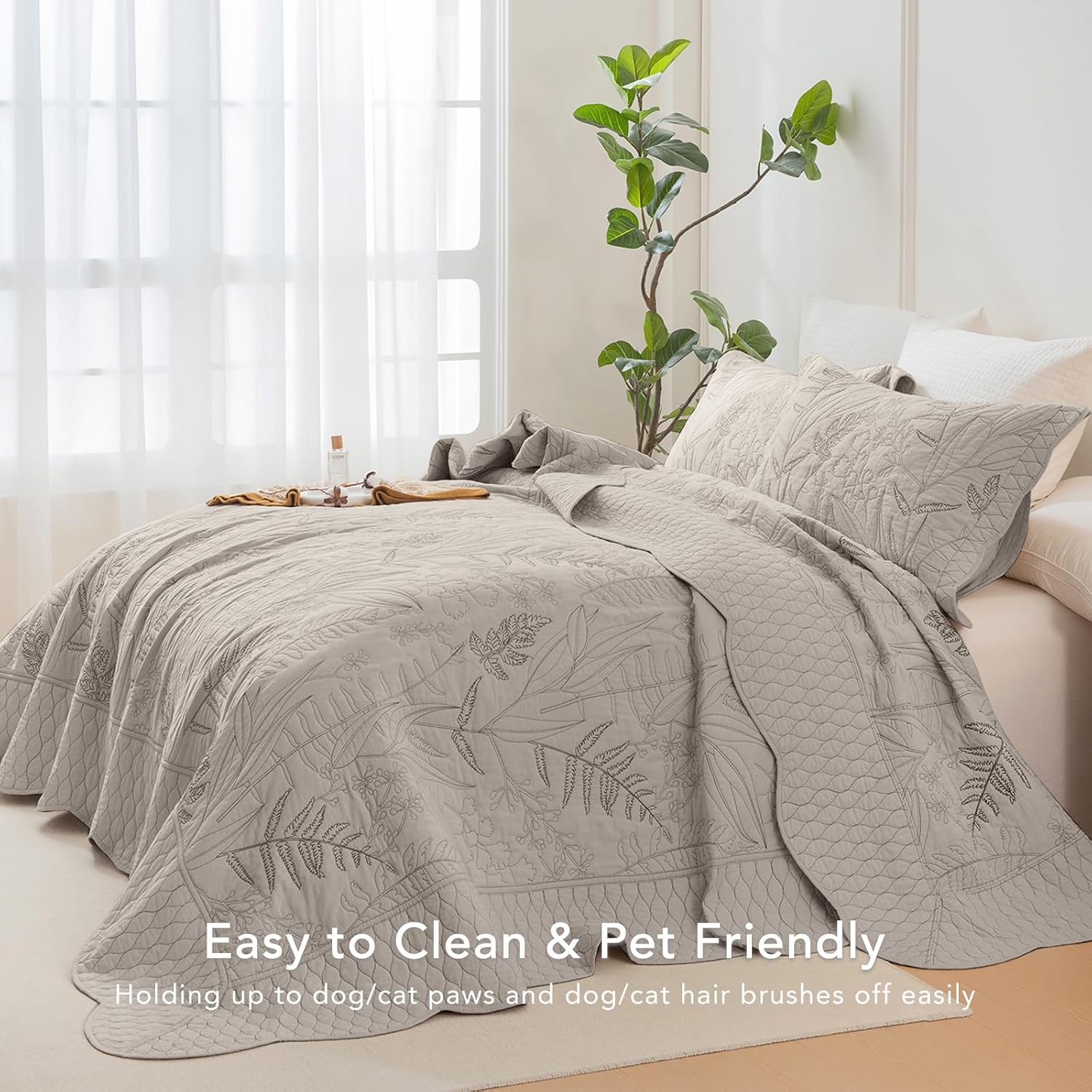 Lady Ann Oversized King Bedspread 120x120, Leaves Pattern Stitching Printed Quilt Set Soft & Lightweight Linen Feel Quilted Coverlet, 3 Pcs Extra Large Botanical Bedding Sets