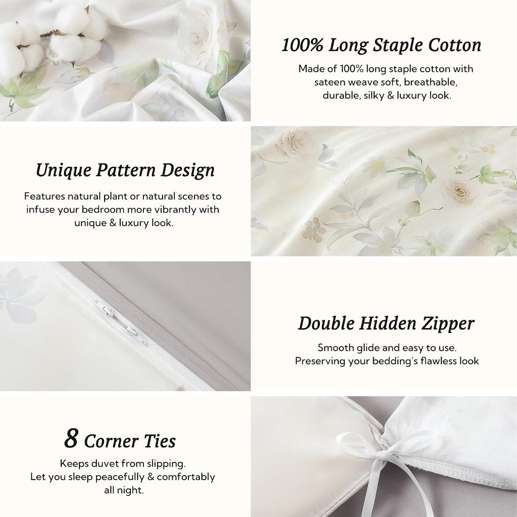MILDLY Cal King Duvet Cover Set - 100% Long-Staple Cotton Beige Floral Patten Reversible Comforter Cover - 3Pcs Soft Breathable Luxury Bedding for All Season